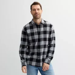 Men's Sonoma Goods For Life® Supersoft Flannel Button-Down Shirt -Sonoma Goods For Life Shop 6824218 Black Grey Buff Check