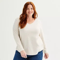 Plus Size Sonoma Goods For Life® Everyday Long Sleeve V-Neck Tee -Sonoma Goods For Life Shop 6919071 Beige Heather
