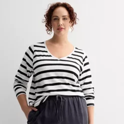 Plus Size Sonoma Goods For Life® Everyday Long Sleeve V-Neck Tee -Sonoma Goods For Life Shop 6919071 Black Ecru Stripe