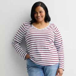 Plus Size Sonoma Goods For Life® Everyday Long Sleeve V-Neck Tee -Sonoma Goods For Life Shop 6919071 Blue Maroon Stripe