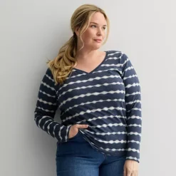 Plus Size Sonoma Goods For Life® Everyday Long Sleeve V-Neck Tee -Sonoma Goods For Life Shop 6919071 Navy Line Dye