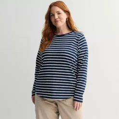 Plus Size Sonoma Goods For Life® Everyday Long Sleeve Crewneck T-Shirt -Sonoma Goods For Life Shop 6920239 Thin Navy Ivory Stripe