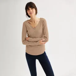 Women's Sonoma Goods For Life® Rib Long Sleeve Henley -Sonoma Goods For Life Shop 6931442 Dani Khaki
