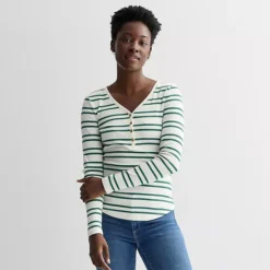 Women's Sonoma Goods For Life® Rib Long Sleeve Henley -Sonoma Goods For Life Shop 6931442 Green Ecru Stripe
