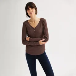 Women's Sonoma Goods For Life® Rib Long Sleeve Henley -Sonoma Goods For Life Shop 6931442 Naveena Plum