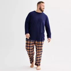 Big & Tall Sonoma Goods For Life® 2-pc. Long Sleeve Pajama Top & Flannel Pajama Pant Set -Sonoma Goods For Life Shop 6961542 Navy Gold Plaid