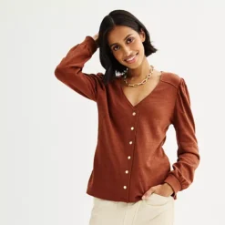 Women's Sonoma Goods For Life® Long Sleeve V-Neck Button-Up Top -Sonoma Goods For Life Shop 6997698 Cinnamon Powder
