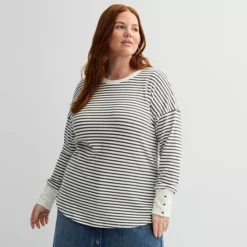 Plus Size Sonoma Goods For Life® Cozy Waffle Pullover Sweater -Sonoma Goods For Life Shop 7005259 Ivory Gray Stripe