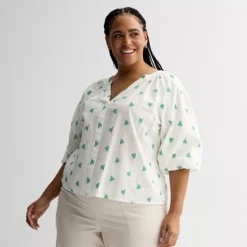 Plus Size Sonoma Goods For Life® Shirred Y-Neck Balloon Sleeve Blouse