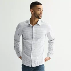 Men's Sonoma Goods For Life® Long-Sleeve Printed Slim Fit Performance Shirt -Sonoma Goods For Life Shop 7350923 Gingham White Lilac