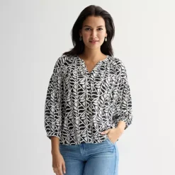 Women's Sonoma Goods For Life® Smocked Quarter Sleeve Henley Top -Sonoma Goods For Life Shop 7502982 Tan Black Geo 1