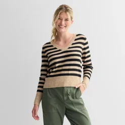 Petite Sonoma Goods For Life® Lightweight V-Neck Sweater -Sonoma Goods For Life Shop 7507161 Brown Black Stripe