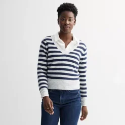 Petite Sonoma Goods For Life® Lightweight V-Neck Sweater -Sonoma Goods For Life Shop 7507161 Gray Blue Stripe