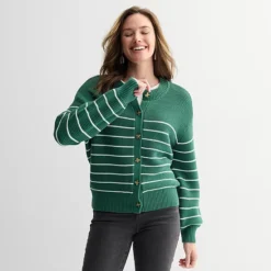 Women's Sonoma Goods For Life® Balloon Sleeve Button Up Cardigan -Sonoma Goods For Life Shop 7507891 Green Ivory Stripe