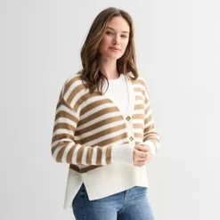 Women's Sonoma Goods For Life® Side Slit Button Front Cardigan -Sonoma Goods For Life Shop 7507894 Tan Ivory Stripe