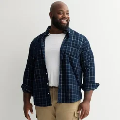 Big & Tall Sonoma Goods For Life® Long Sleeve Perfect Length Corduroy Button Down Shirt -Sonoma Goods For Life Shop 7579281 Blue Corduroy Plaid 1