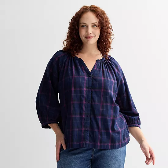Plus Size Sonoma Goods For Life® Plaid Button-Up Peasant Blouse 3 Plus Size Sonoma Goods For Life® Plaid Button-Up Peasant Blouse