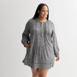 Plus Size Sonoma Goods For Life® Long Sleeve Pintuck Dress -Sonoma Goods For Life Shop 7599861 Ivory Black Check