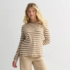 Petite Sonoma Goods For Life® Everyday Long Sleeve Crew Tee -Sonoma Goods For Life Shop 7617172 Tan Cream Stripe