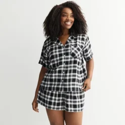 Plus Size Sonoma Goods For Life® 2-pc. Flannel Notch Pajama Top & Pajama Shorts Set -Sonoma Goods For Life Shop 7624003 Black New Classic