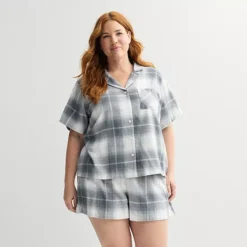 Plus Size Sonoma Goods For Life® 2-pc. Flannel Notch Pajama Top & Pajama Shorts Set -Sonoma Goods For Life Shop 7624003 Gray Dream Plaid