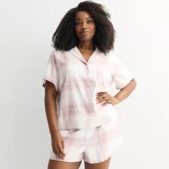 Plus Size Sonoma Goods For Life® 2-pc. Flannel Notch Pajama Top & Pajama Shorts Set -Sonoma Goods For Life Shop 7624003 Ivory Dream Plaid 1