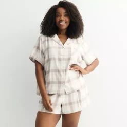 Plus Size Sonoma Goods For Life® 2-pc. Flannel Notch Pajama Top & Pajama Shorts Set -Sonoma Goods For Life Shop 7624003 Netural Tonal Plaid