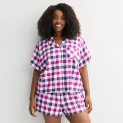 Plus Size Sonoma Goods For Life® 2-pc. Flannel Notch Pajama Top & Pajama Shorts Set -Sonoma Goods For Life Shop 7624003 Purple Cozy Plaid