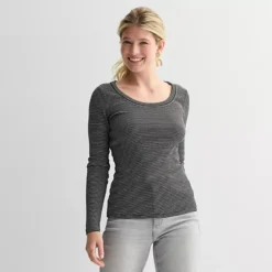 Women's Sonoma Goods For Life® Rib Long Sleeve Scoop Neck Tee -Sonoma Goods For Life Shop 7649100 Black Basic Stripe 1