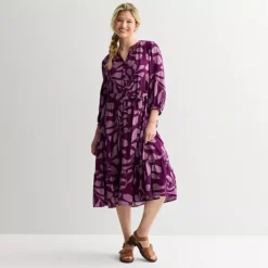 Women's Sonoma Goods For Life® Three-Quarter Sleeve Midi Dress -Sonoma Goods For Life Shop 7659589 Tonal Plum Leaf