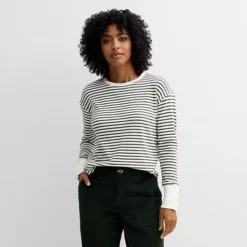 Petite Sonoma Goods For Life® Cozy Waffle Pullover -Sonoma Goods For Life Shop 7660330 Ivory Gray Stripe