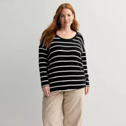 Plus Size Sonoma Goods For Life® Cozy Tunic Tee -Sonoma Goods For Life Shop 7660832 Black Ecru Stripe