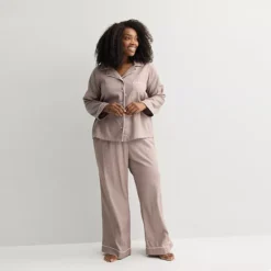 Plus Size Sonoma Goods For Life® 2-pc. Woven Notch Pajama Top & Pajama Bottoms Set -Sonoma Goods For Life Shop 7713872 Basha Brown
