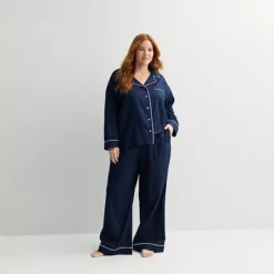 Plus Size Sonoma Goods For Life® 2-pc. Woven Notch Pajama Top & Pajama Bottoms Set -Sonoma Goods For Life Shop 7713872 Seattle Navy