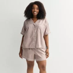 Plus Size Sonoma Goods For Life® 2-pc. Woven Notch Pajama Top & Pajama Shorts Set -Sonoma Goods For Life Shop 7713875 Basha Brown